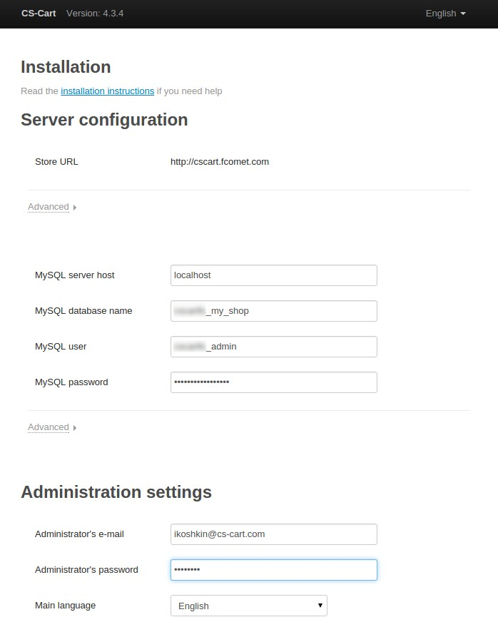 Fill in the MySQL and administrator's data to proceed.