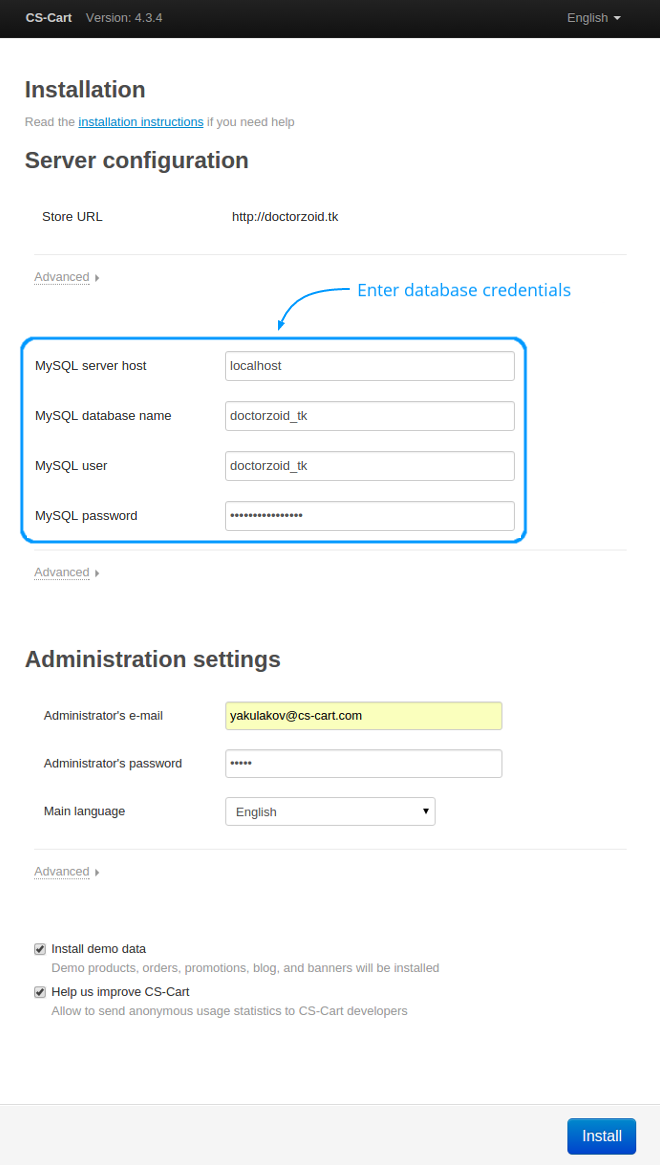 Enter the information from Step 2.4 to the fields.