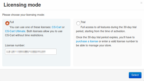 Enter your CS-Cart license number or get a 30-day trial.