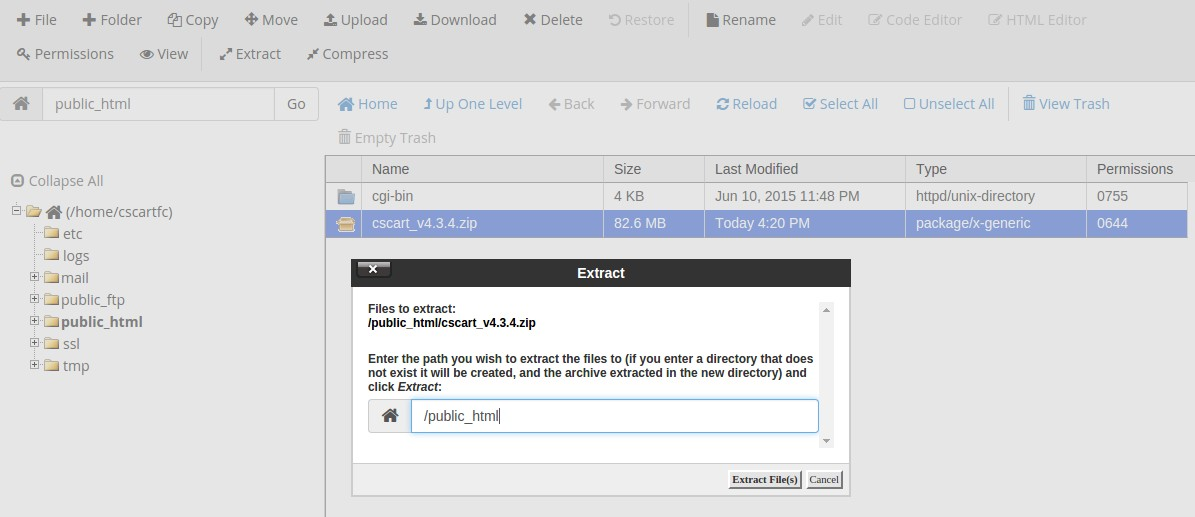 Extracting the CS-Cart archive with cPanel File Manager.