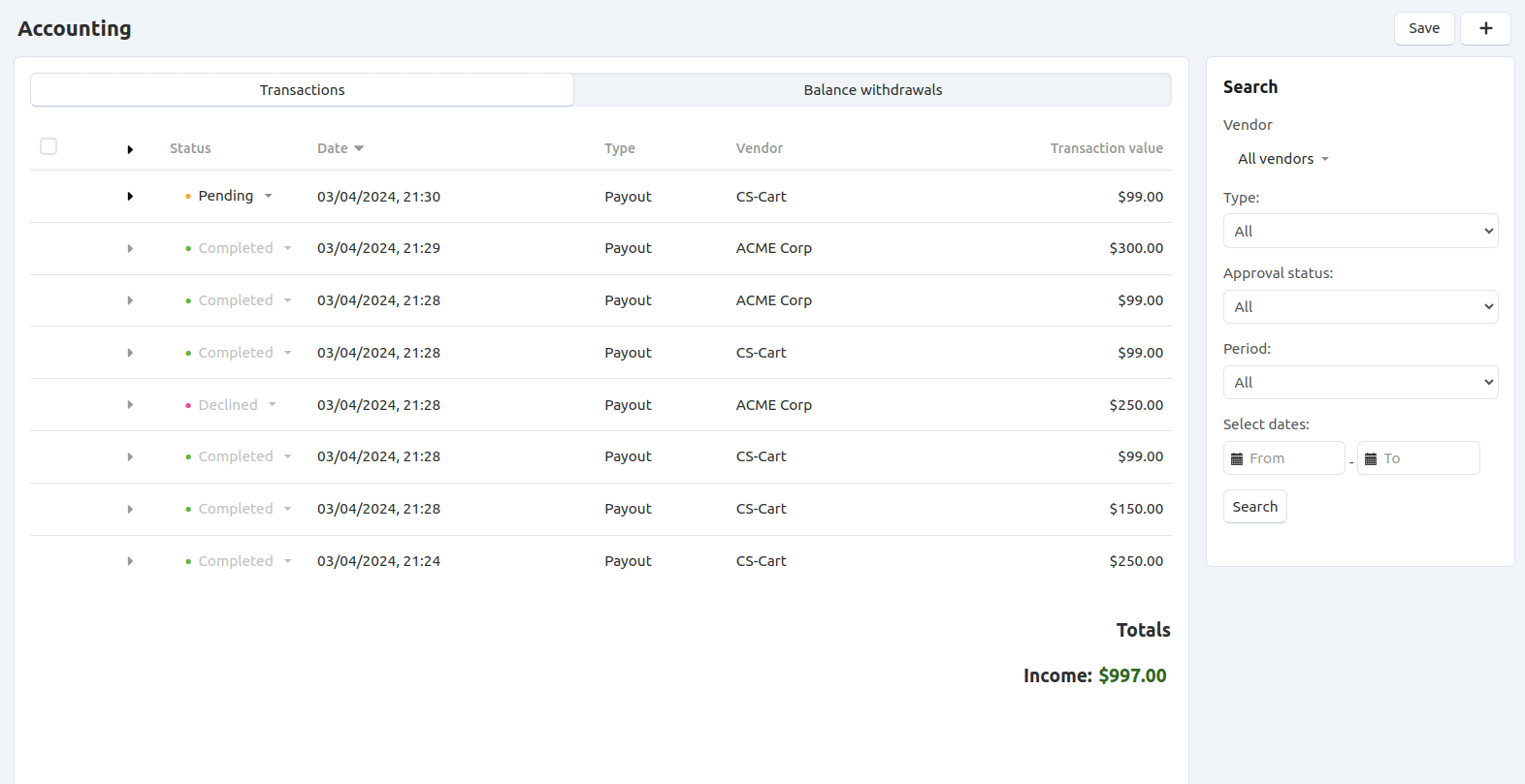 The Accounting page in Multi-Vendor.