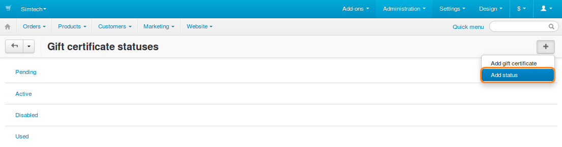 Click the plus button and choose "Add status" on the gift certificate status page.