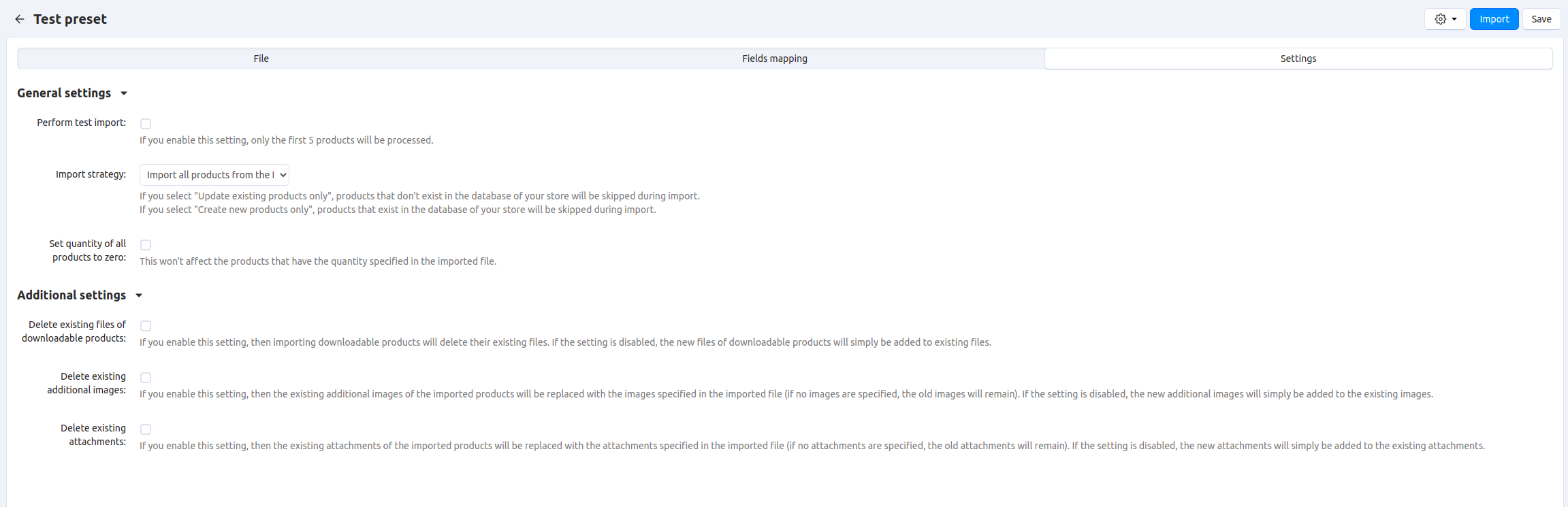 Additional settings of an import preset in CS-Cart.
