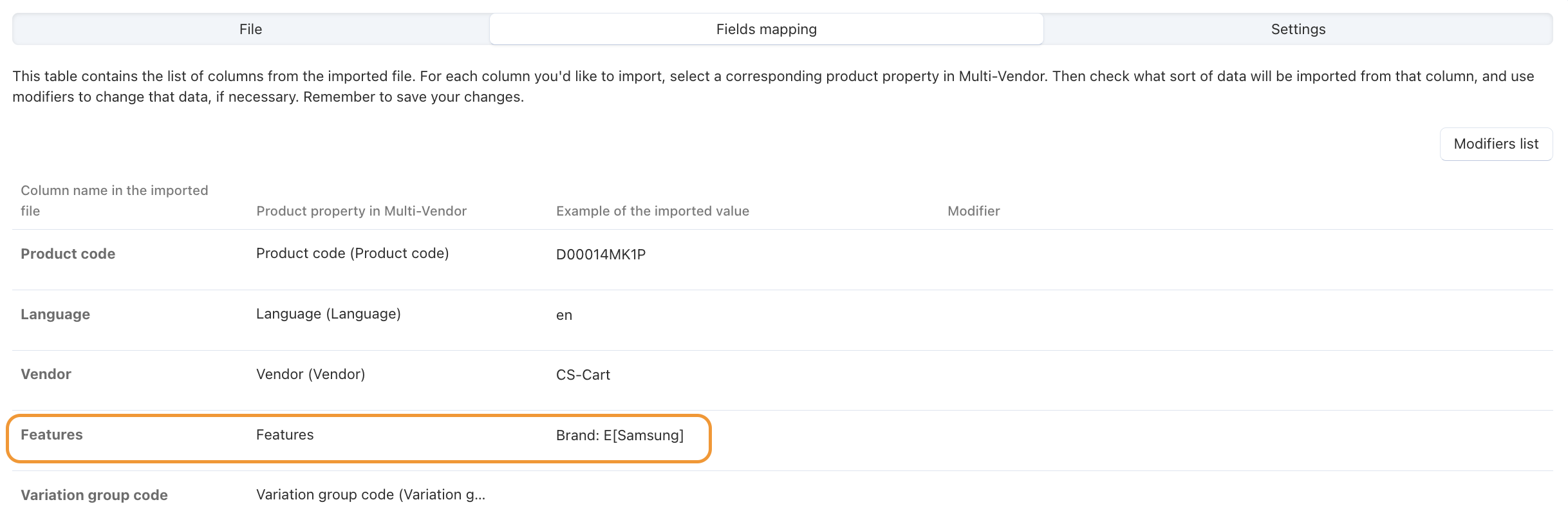 Field mapping when importing features with products.