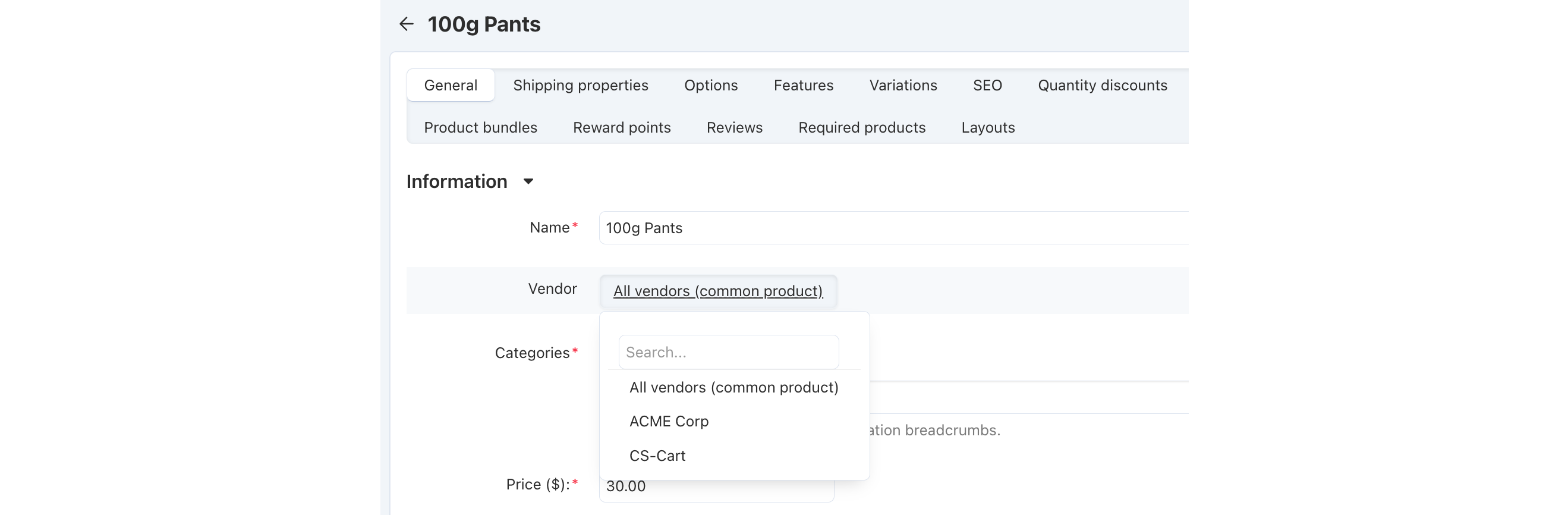 Choose the option All vendors (common product) on the product page.
