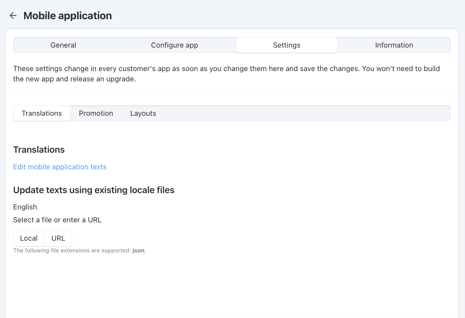 Settings of the Mobile application add-on.