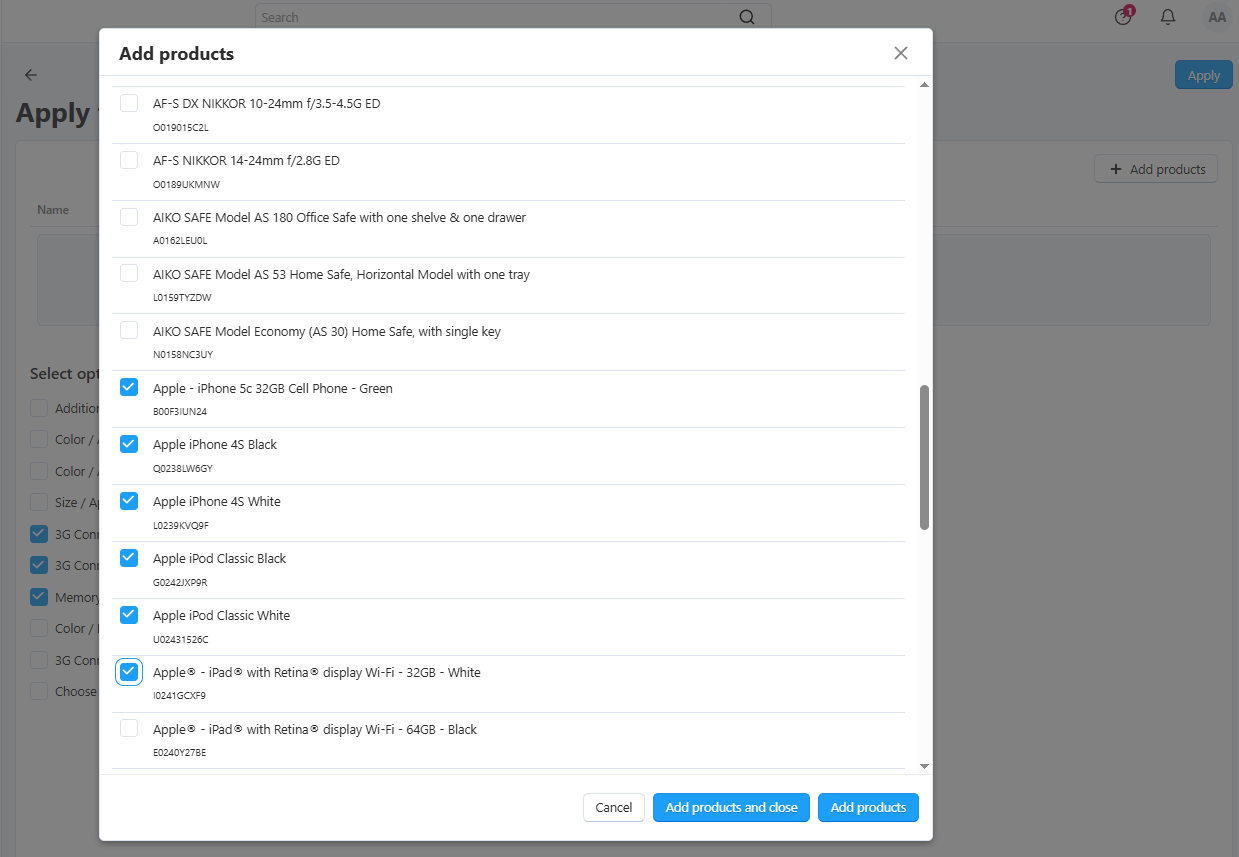 Add options for products.