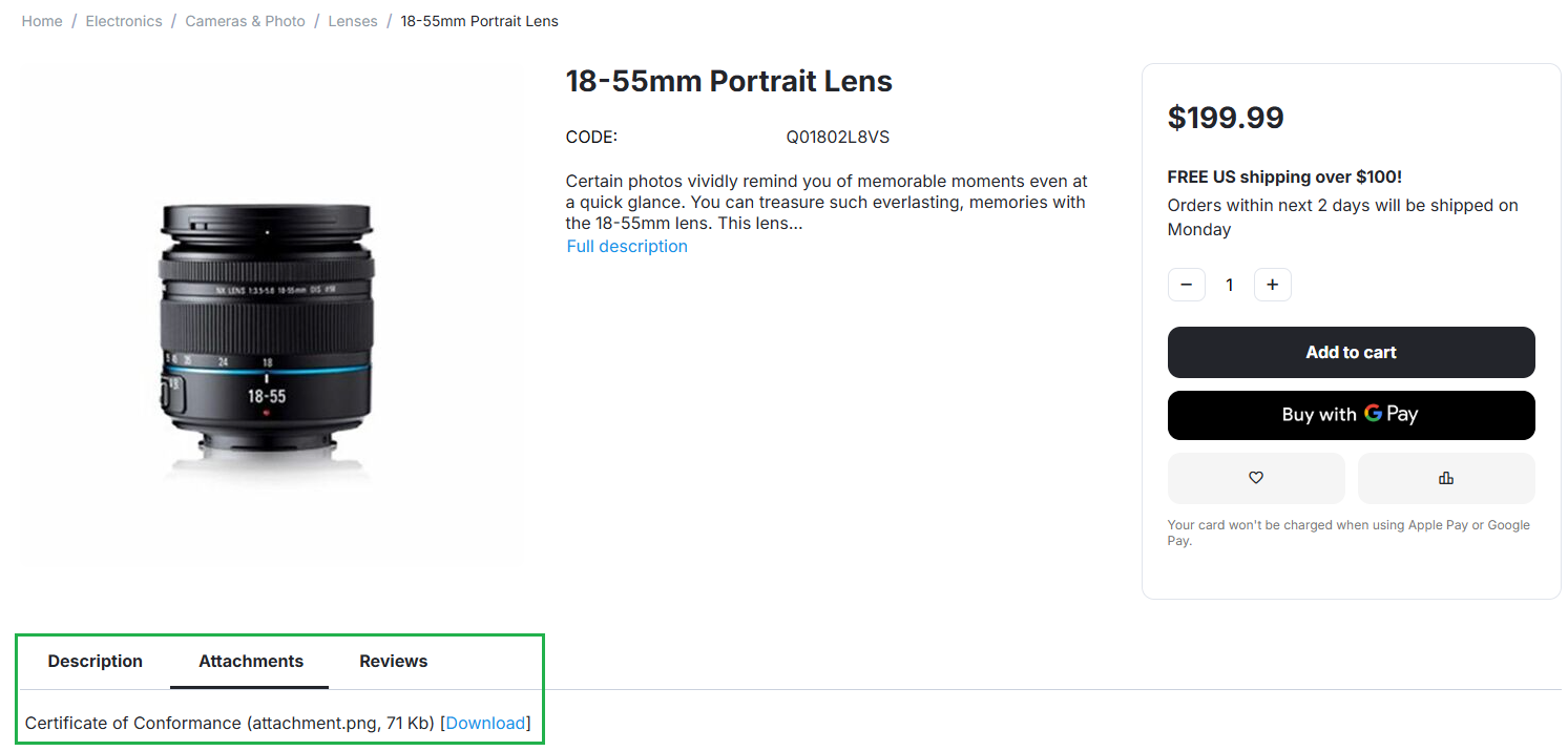 New attachment on the product page.