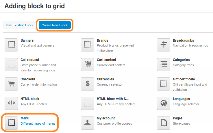 Select the Menu block type for your new block.