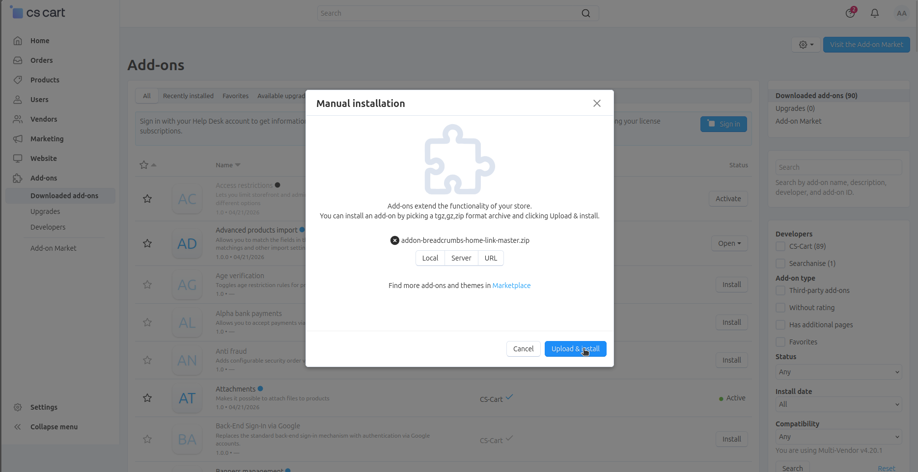 Upload and install pop-up