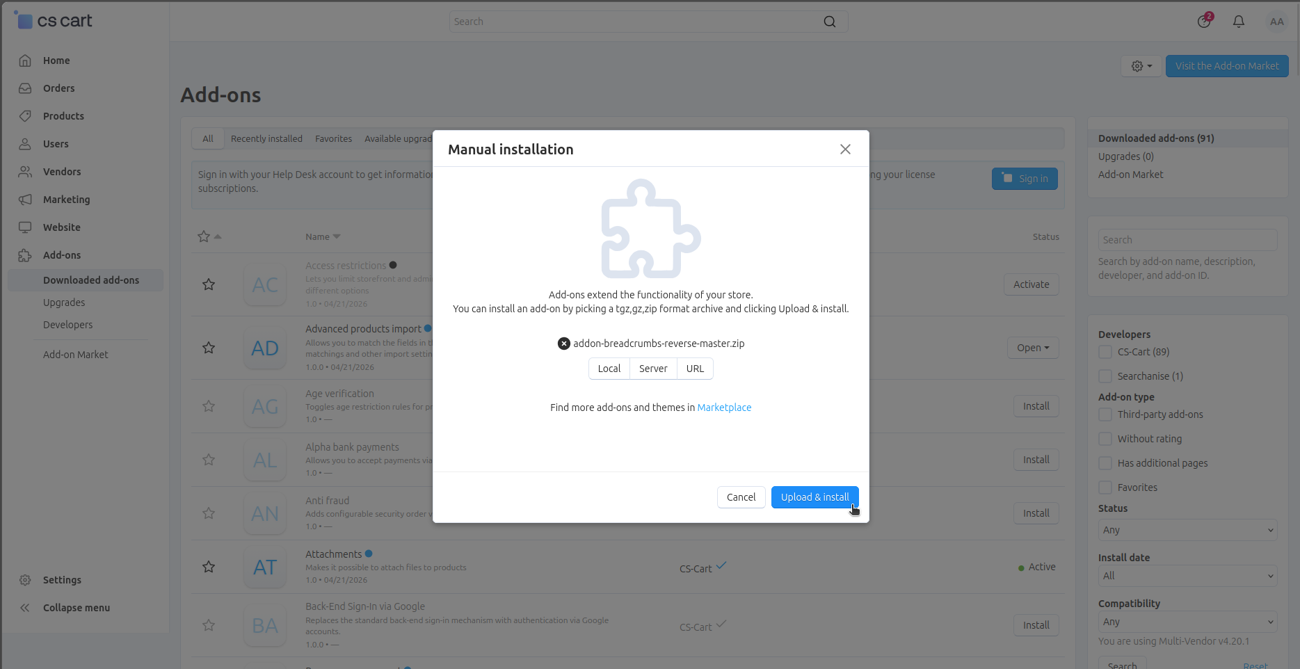 Upload and install pop-up