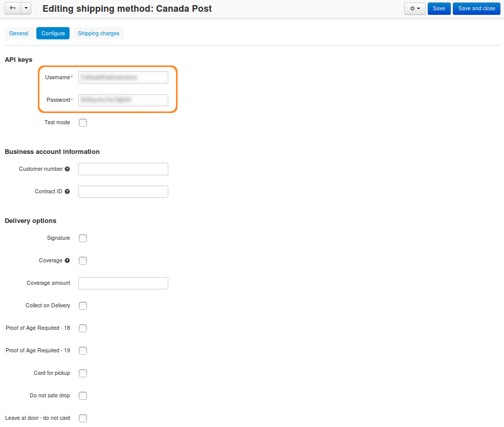 Canada Post settings. Username and password are required.