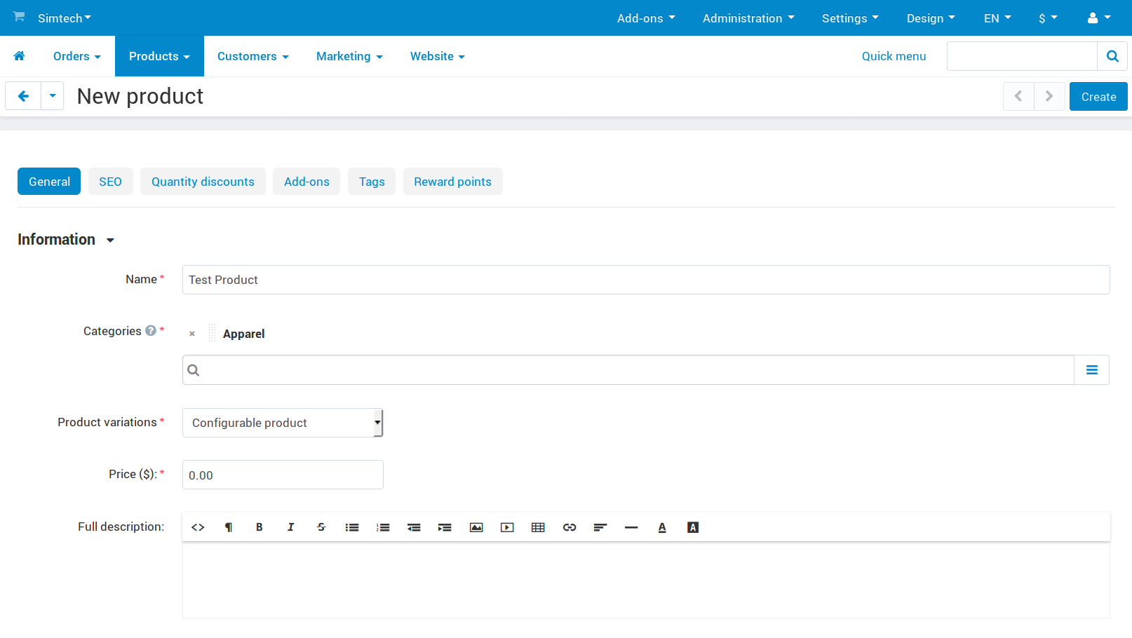 The product creation page in CS-Cart.