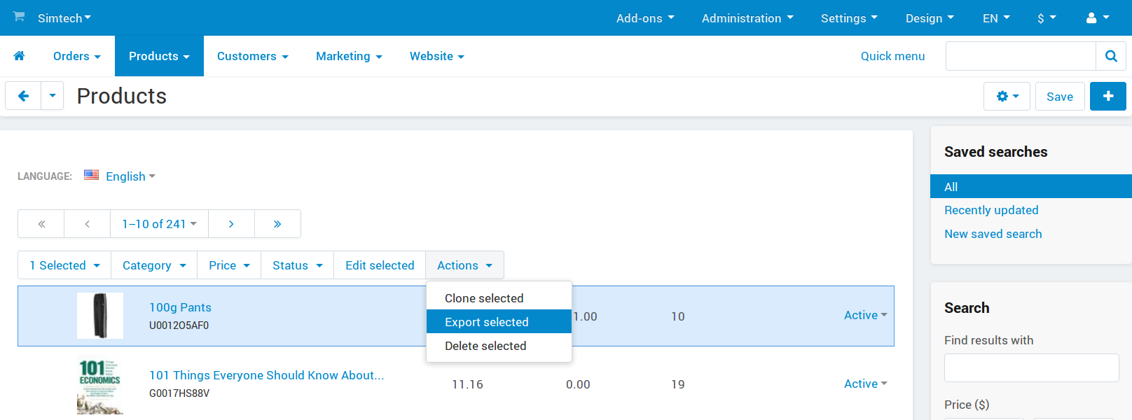 CS-Cart allows you to export all products or specific groups of products.