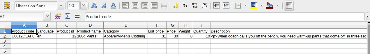 An exported CSV file in the spreadsheet editor.