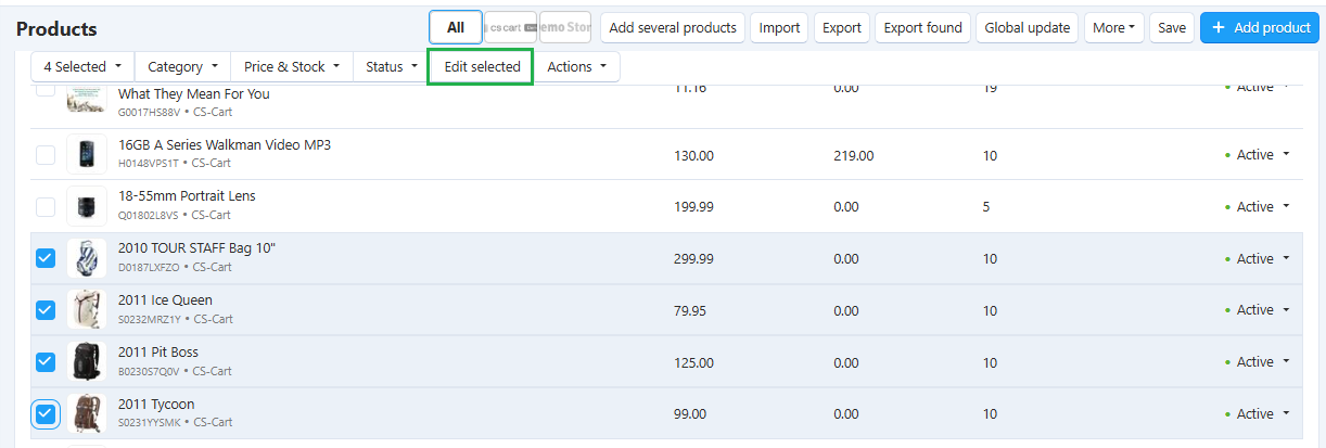 Use CS-Cart bulk editing tools to specify features for multiple products at once.