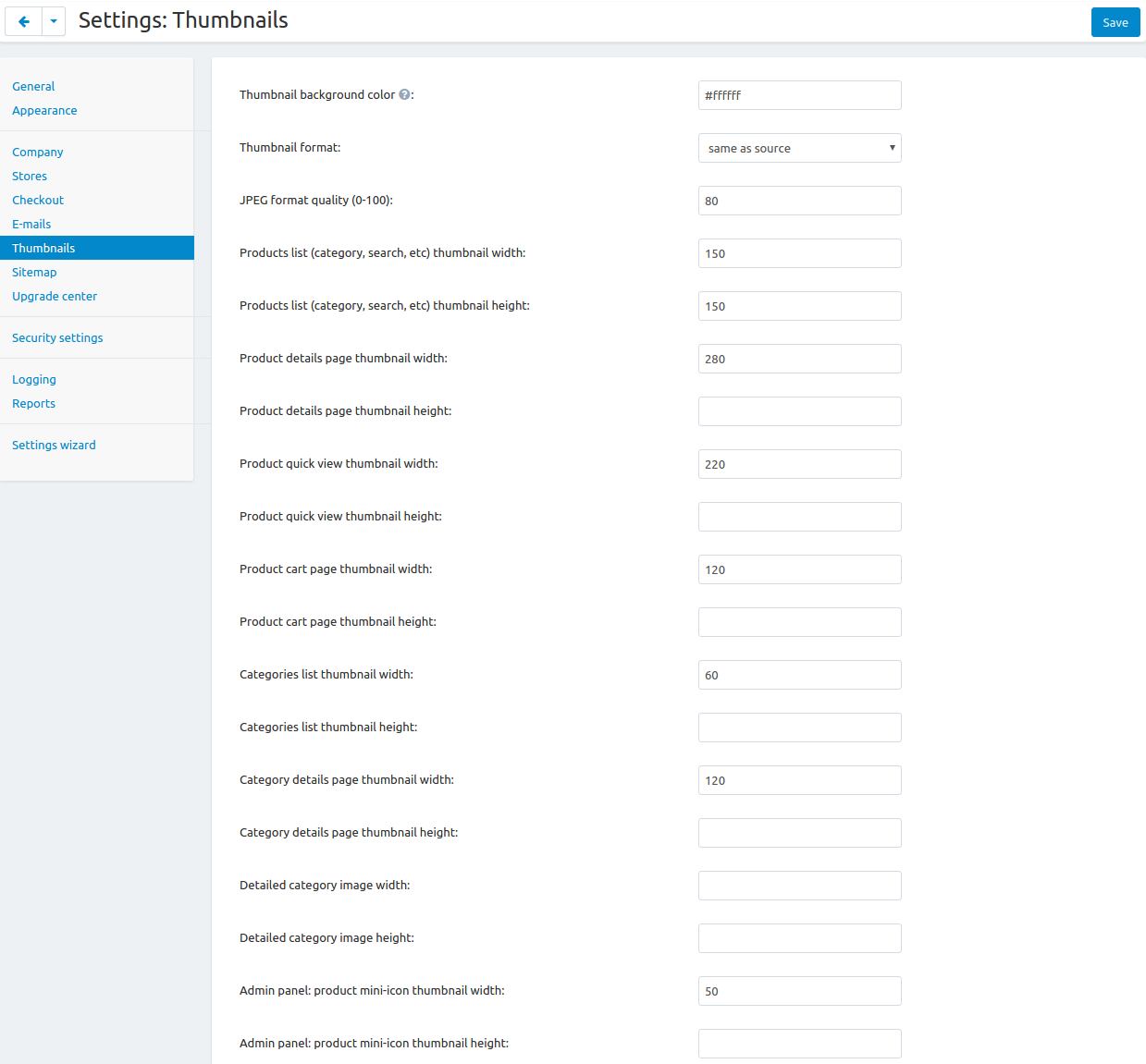 Fill in the fields in the Thumbnails settings to specify thumbnail size on various pages.