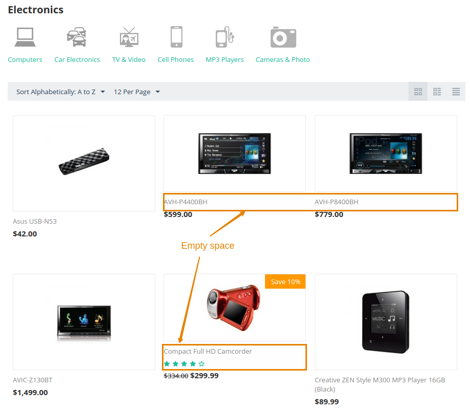 Products list with only one size added looks irregular.