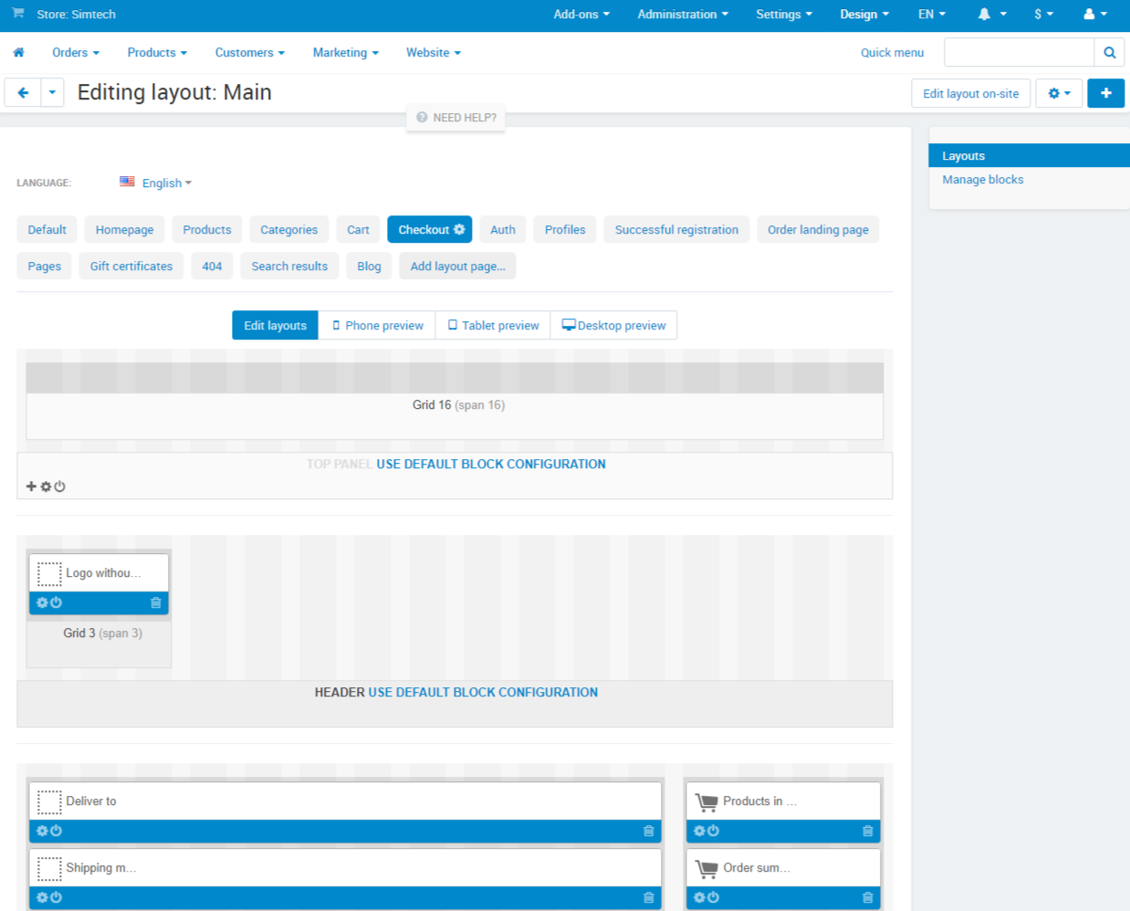 Editing the checkout page in the CS-Cart admin panel.