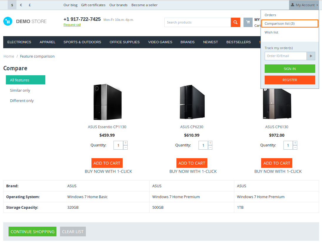 The comparison list displays the features of selected products in a table.