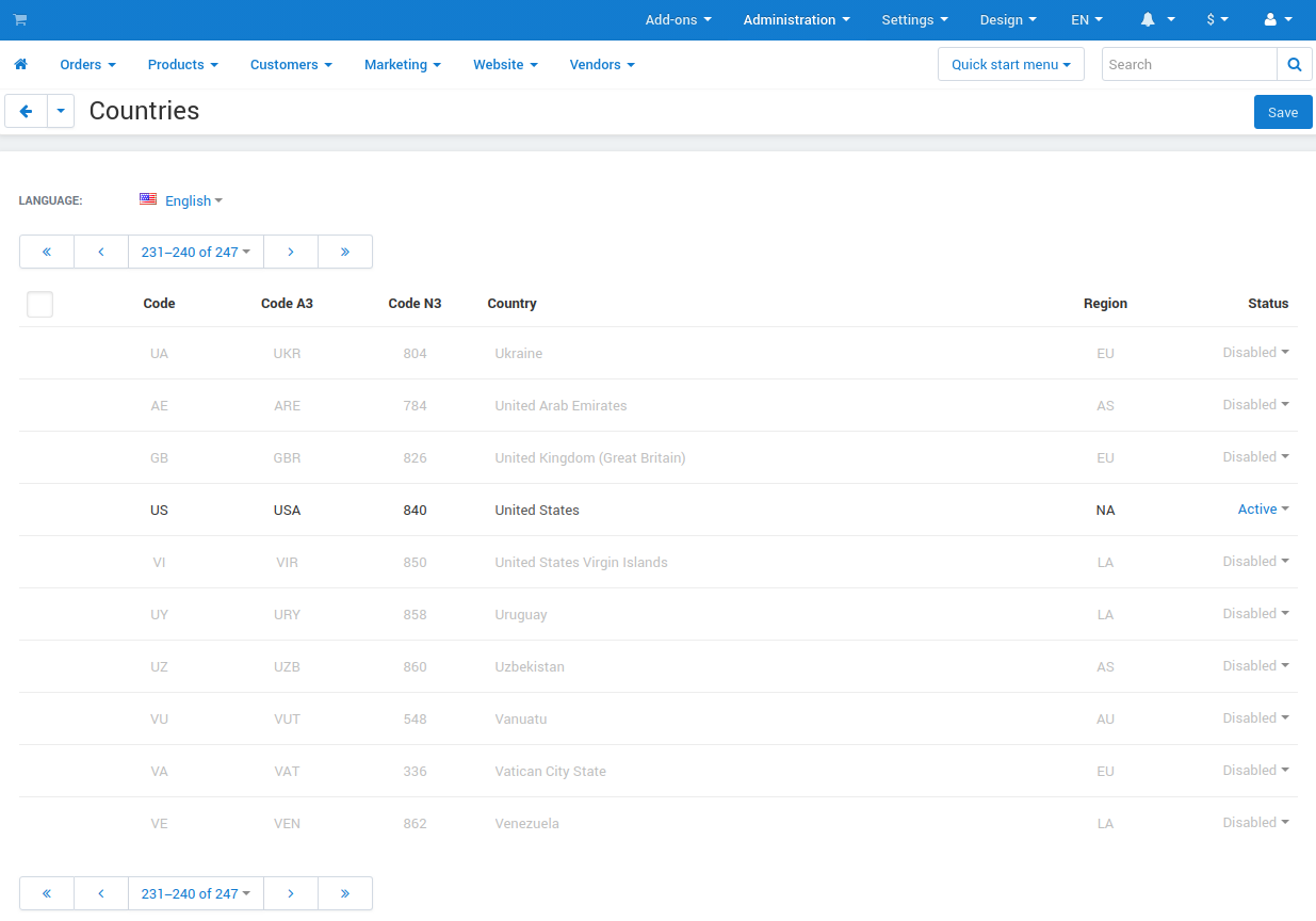 The list of countries in CS-Cart and Multi-Vendor.