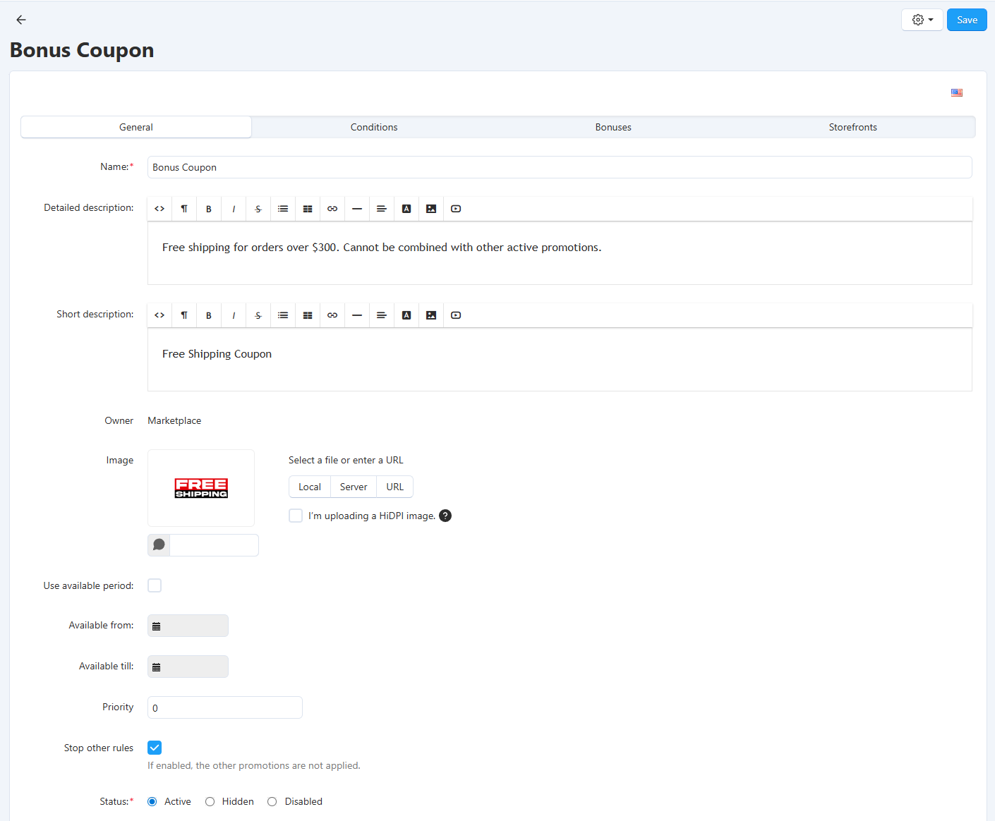 Creating a bonus coupon in CS-Cart.