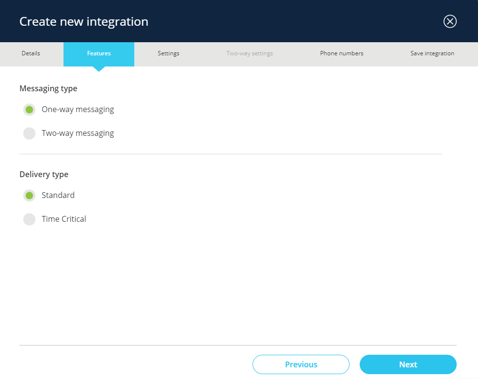 Choosing a Messaging Type and Delivery Type on the Features tab