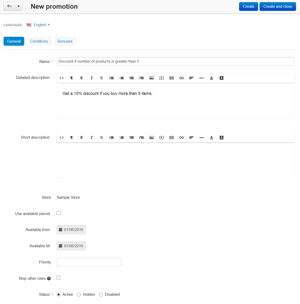 Promotion creation page in CS-Cart.