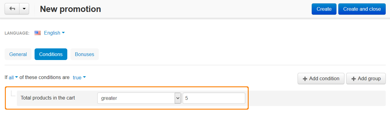 Set the desired number of products on the "Conditions" tab.