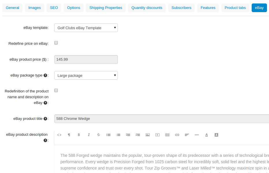 Choose an eBay template for the product, override the product's name, price and description for eBay, select the package type.