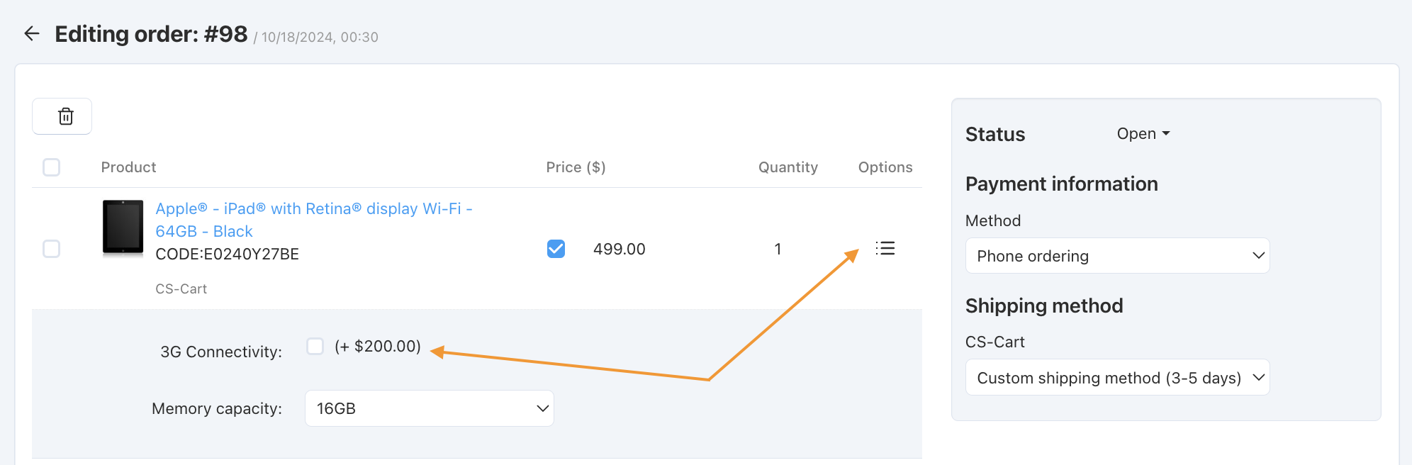 The order editing page, edit options.