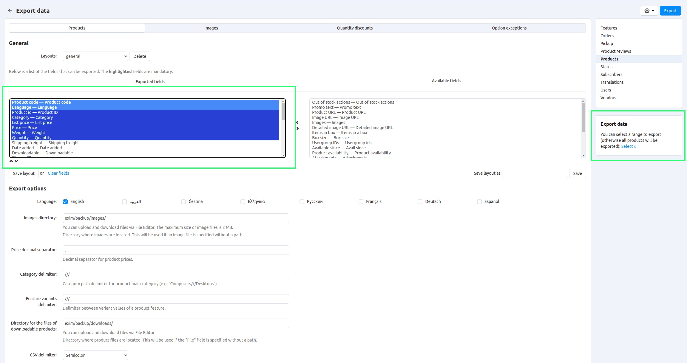 Selecting the product fields to export in CS-Cart.