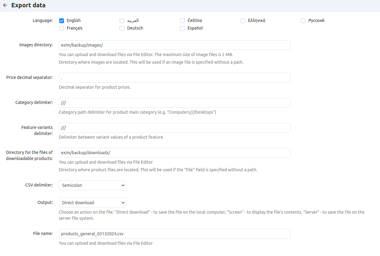 The export settings in CS-Cart.