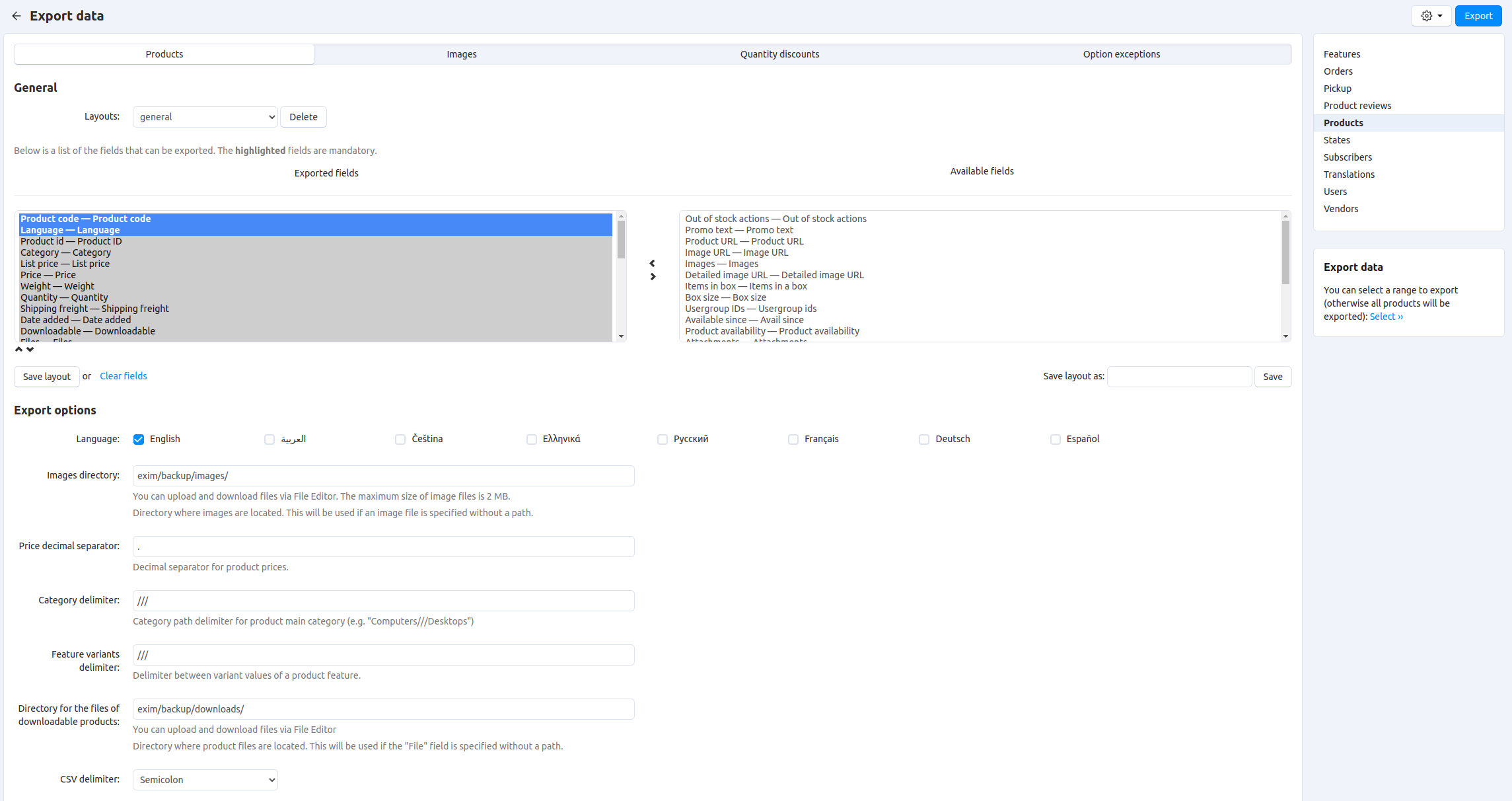 Different types of data have different fields available for export.