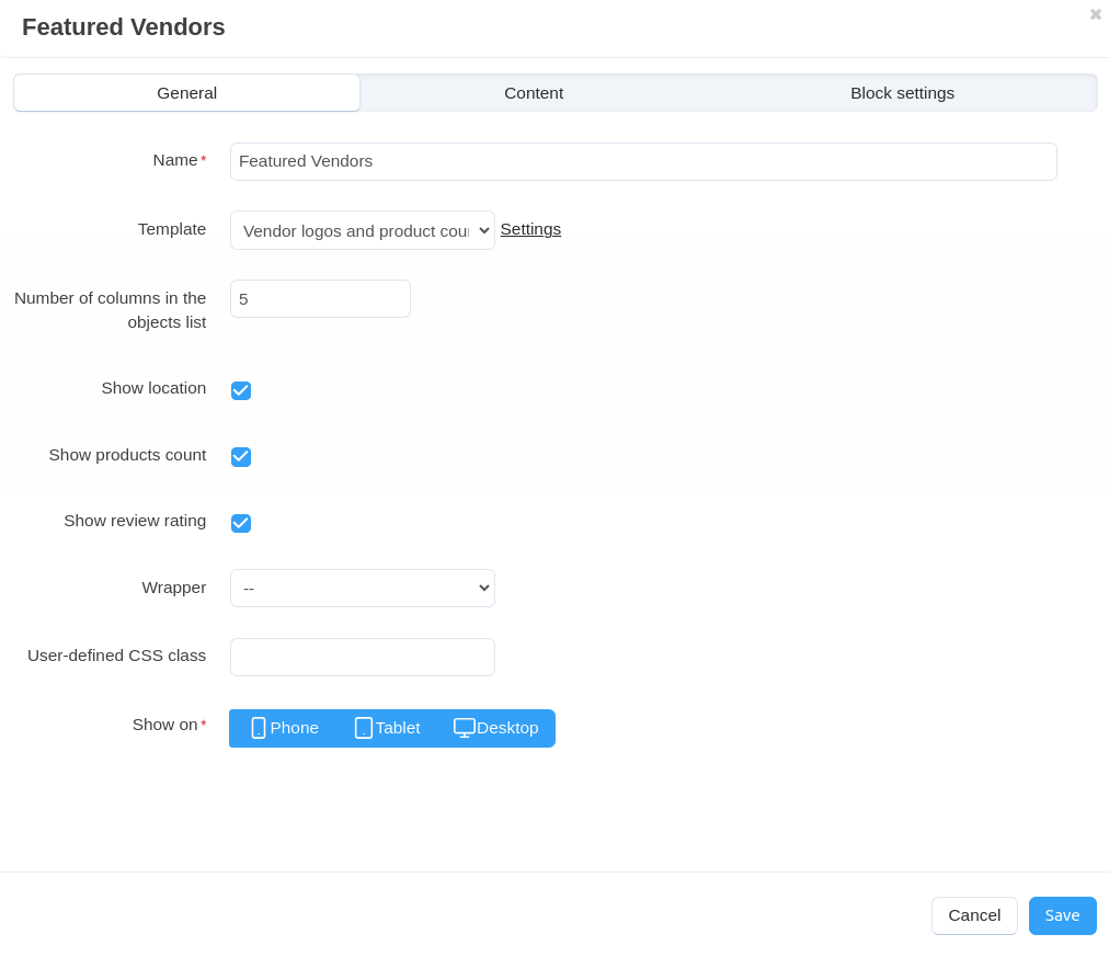 Template settings for the block with featured vendors.