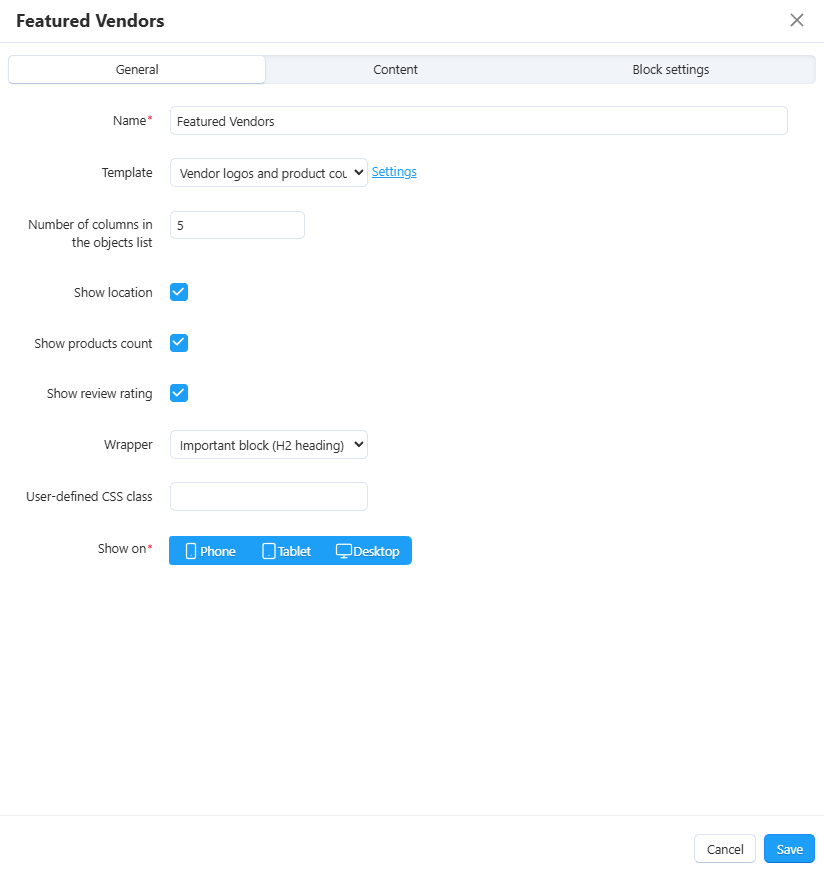 Template settings for the block with featured vendors.