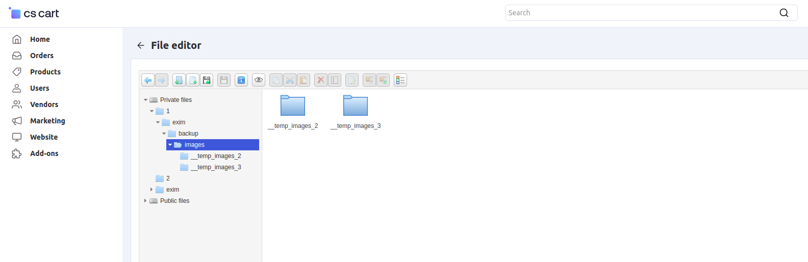 CS-Cart file editor supports drag-and-drop. Actions can be performed via buttons at the top or via the context menu.