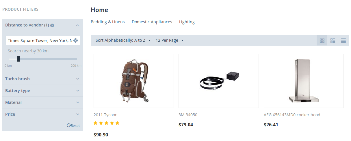 Products can be filtered by distance from a specified location