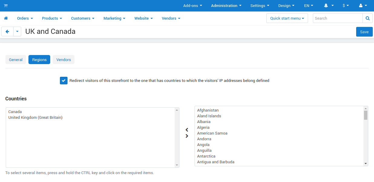 Select the countries associated with this storefront and choose whether you want to allow redirecting customers from this storefront.