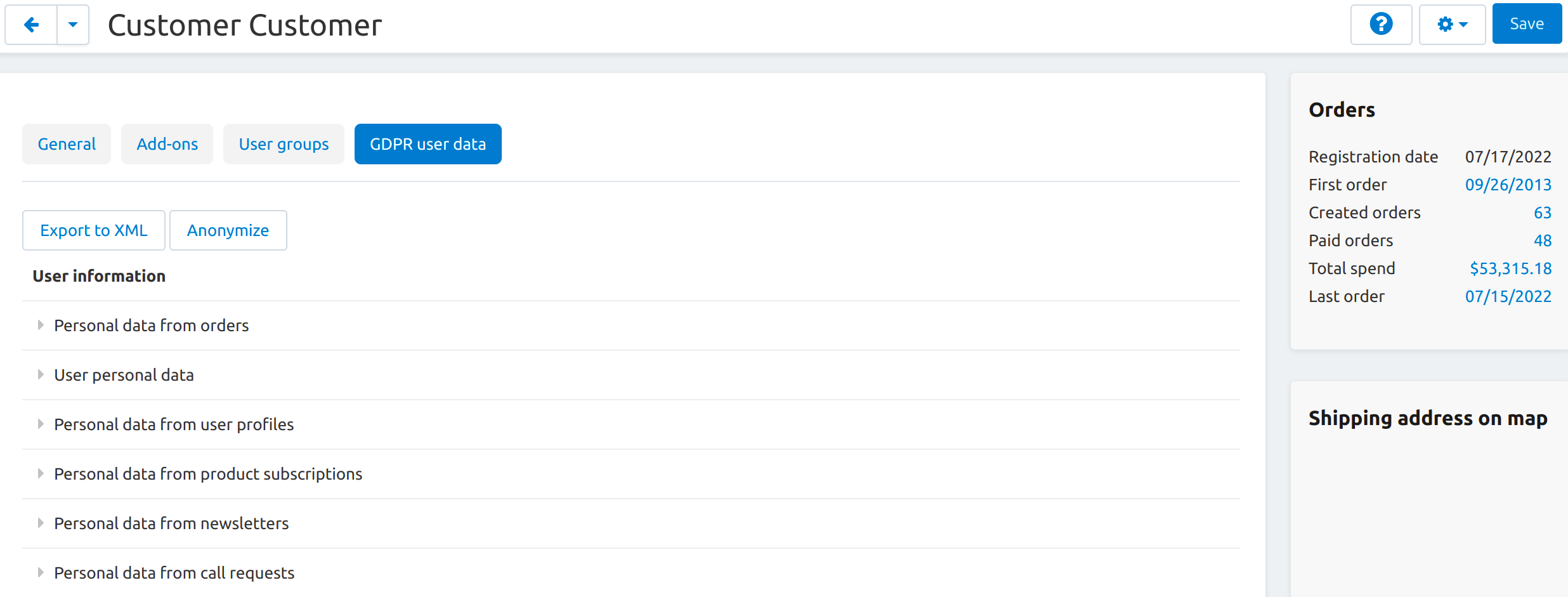 The personal data of a customer in the admin panel.