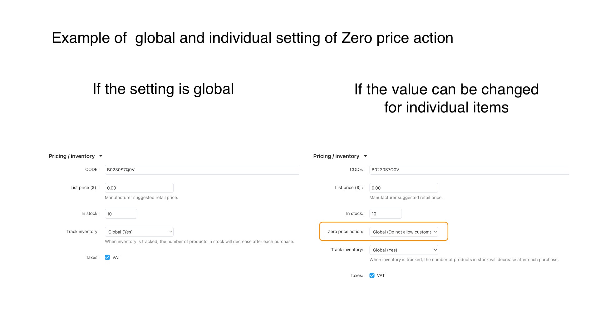 Example of a global and individual setting