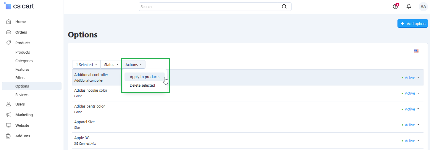 The Options page in CS-Cart