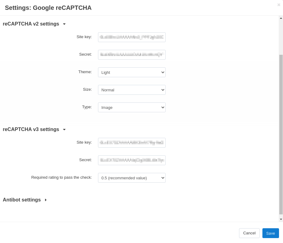 The settings of the Google reCAPTCHA add-on.