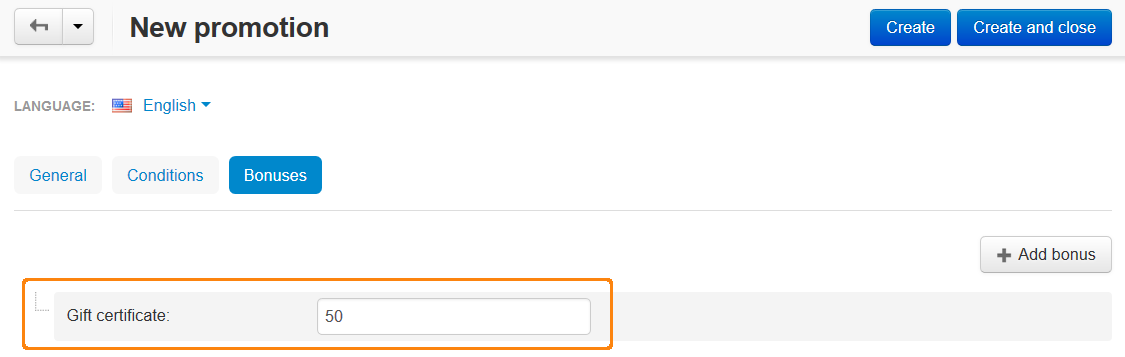 Specify the sum of the gift certificate on the "Bonuses" tab of the promotion.