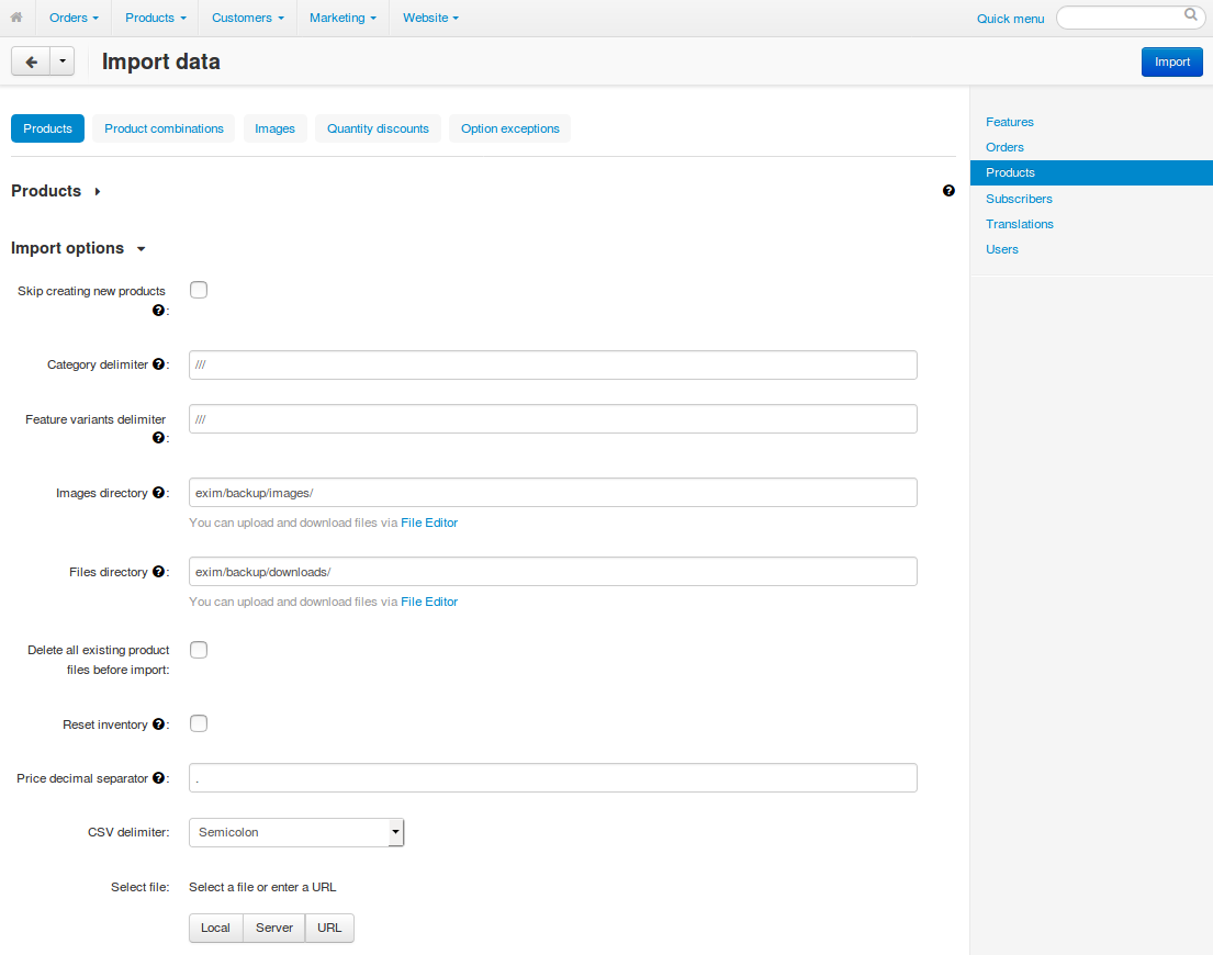 The product import settings in CS-Cart.