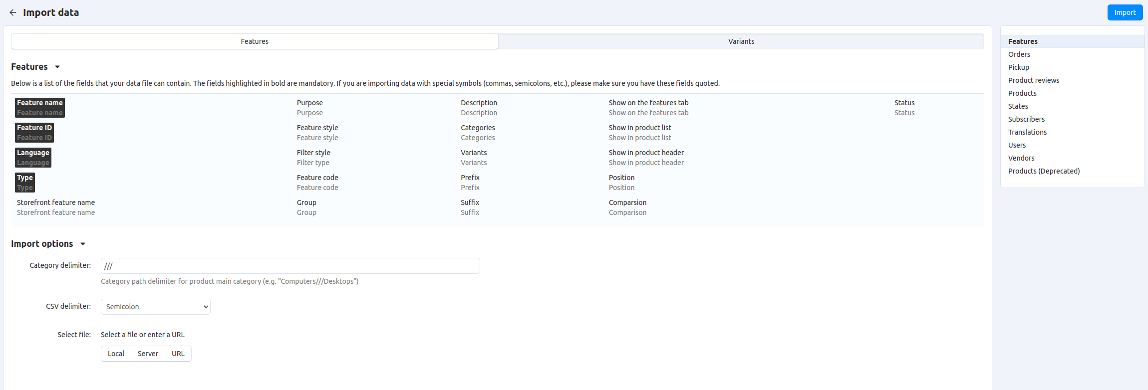 Different types of data have different imported fields and required settings.