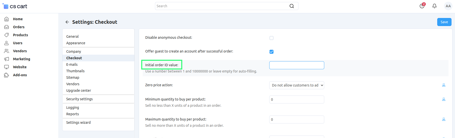 Initial order ID in CS-Cart settings.