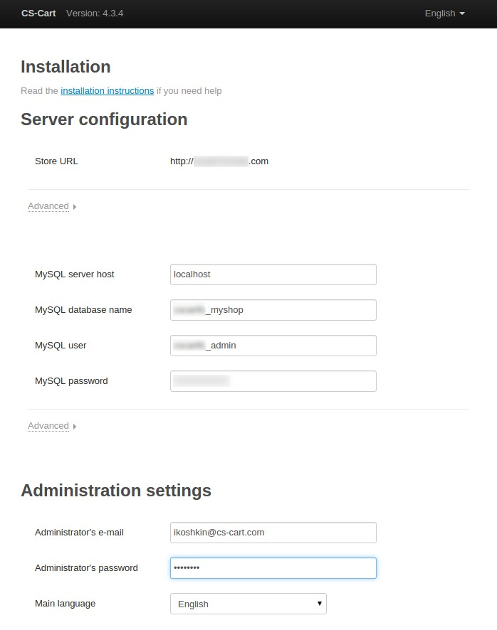 Fill in the MySQL and administrator's data to proceed.