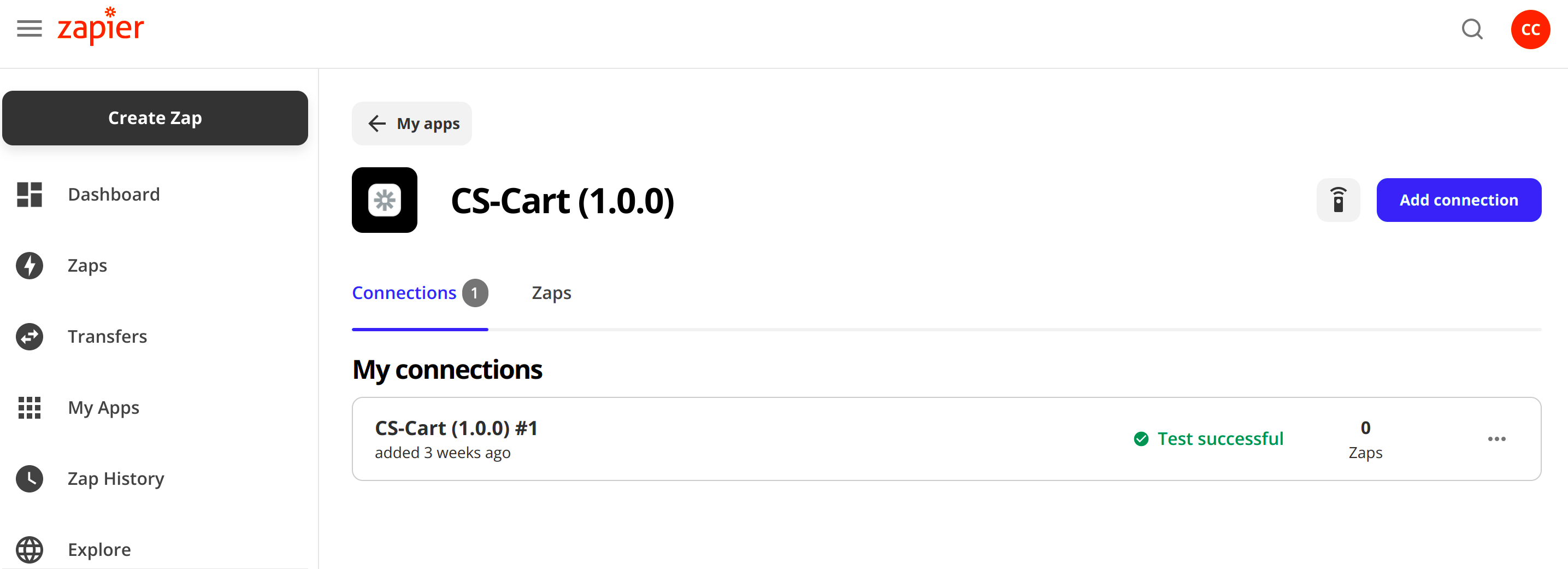 Connection with CS-Cart in the list of connections.