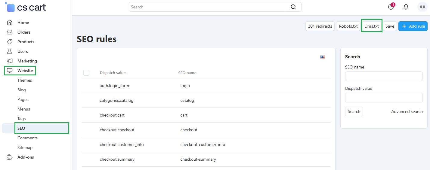 llms.txt window in SEO tab
